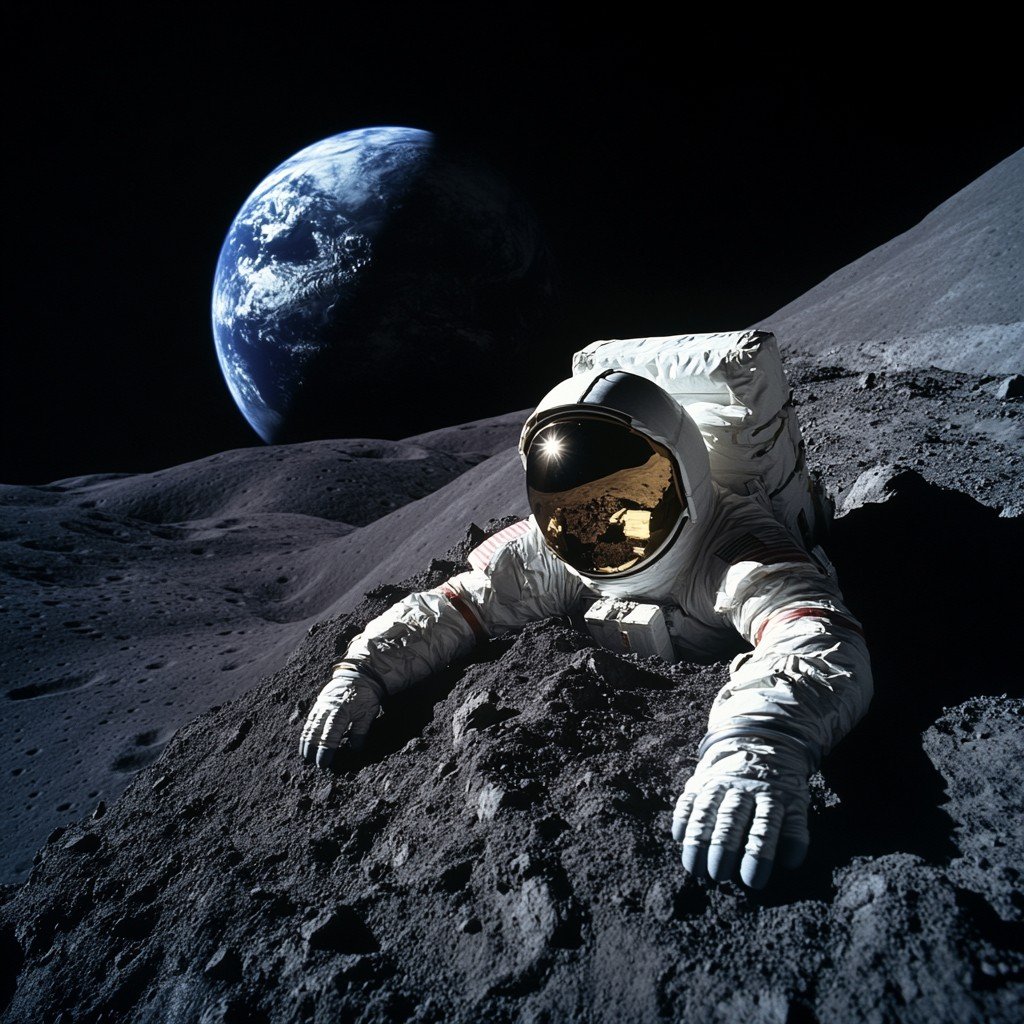 Astronaut on the lunar surface with Earth in the background