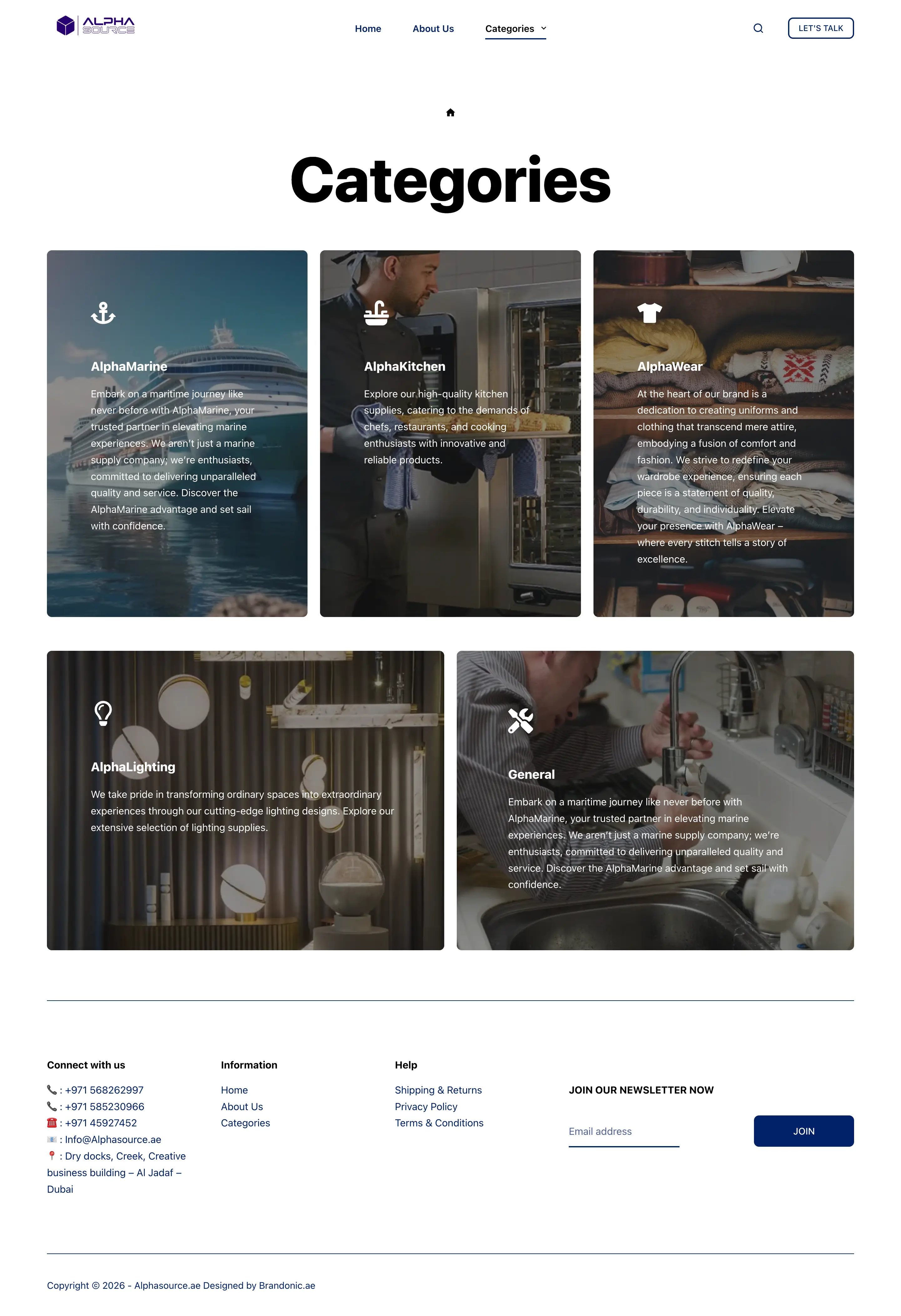 AlphaSource business-category architecture — marine, kitchen, clothing, lighting, general trading