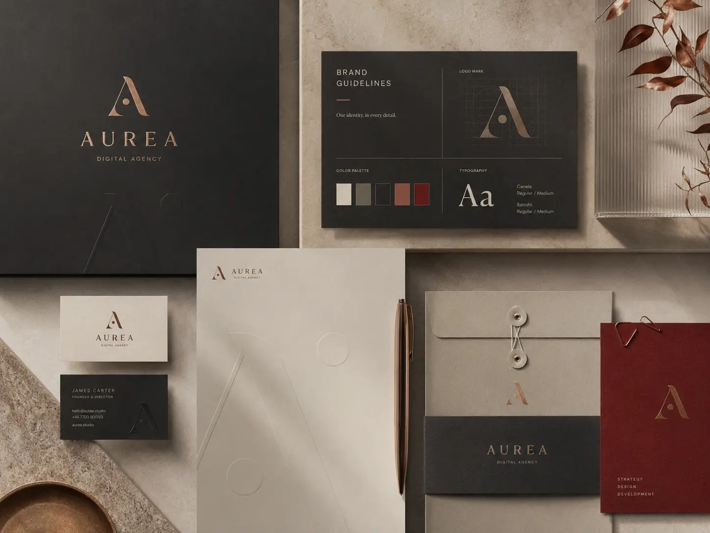 Brand identity design boards including logo and color palette for a UAE brand